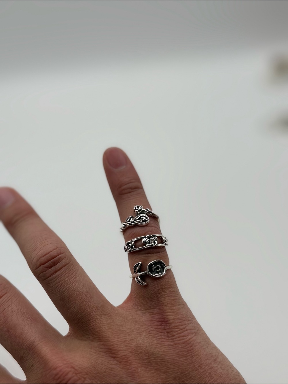 Gothic 3 Ring Set Silver Tone Rose Leaf Vine Floral Jewelry